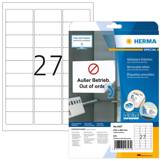 HERMA Removable labels A4 63.5x29.6 mm white Movables/removable paper matt 675 pcs. - White - Self-adhesive printer label - A4 - Paper - Laser/Inkjet - Removable