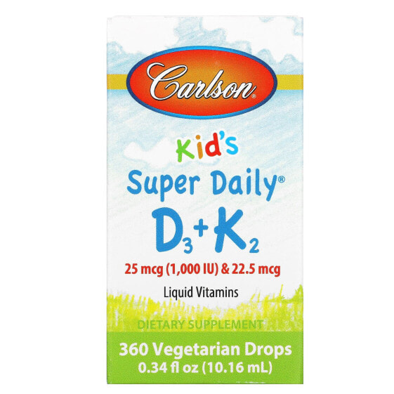 Carlson, Super Daily D3+K2 для детей, 25 мкг (1000 МЕ) и 22,5 мкг, 10,16 мл (0,34 жидк. унции)