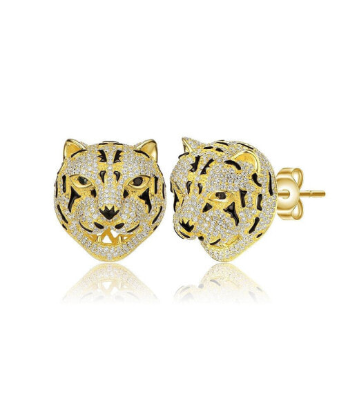 14k Yellow Gold Plated with Cubic Zirconia Leopard Head Stud Earrings in Sterling Silver