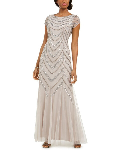 Embellished Godet-Inset Gown