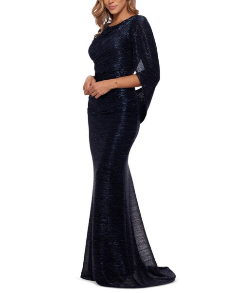 Petite Metallic Crinkled Cape Gown
