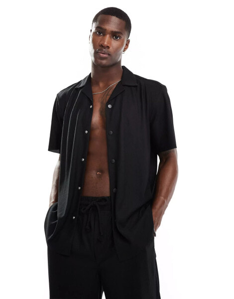 ONLY & SONS plisse revere collar shirt co-ord in black