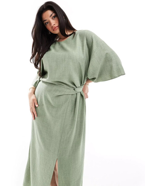 ASOS DESIGN Curve angel sleeve drape waist tab detail midi dress in sage green