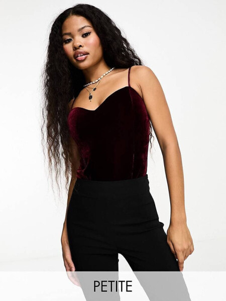 In The Style Petite exclusive sweetheart neckline velvet body in burgundy