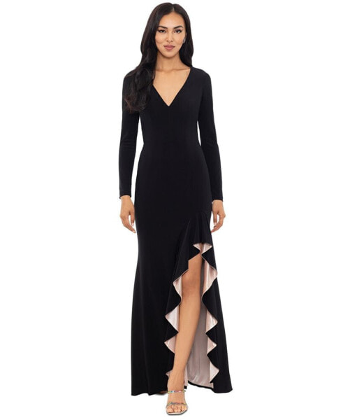 Women's Long-Sleeve Draped Contrast-Slit Dress