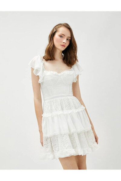 Bridal Katlı Mini Elbise Dantel Detaylı