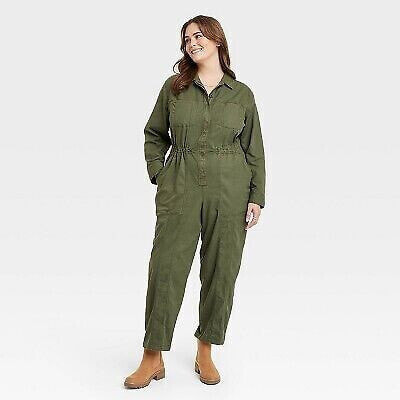 Women's Long Sleeve Button-Front Coveralls - Universal Thread Green 28