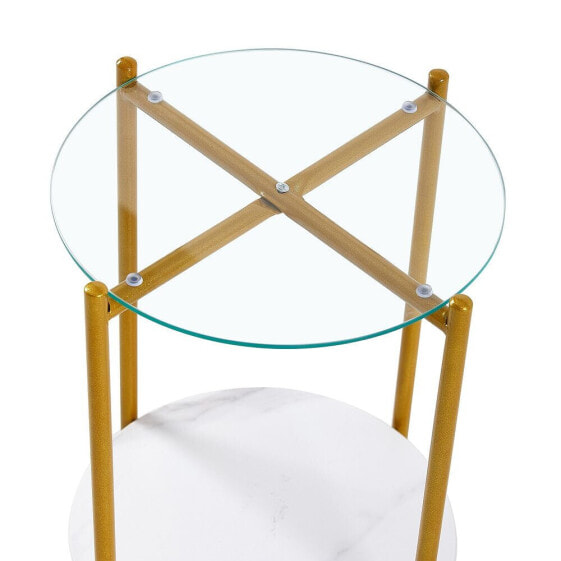 2-Layer End Table With Tempered Glass And Marble Tabletop, Round Coffee Table With Golden