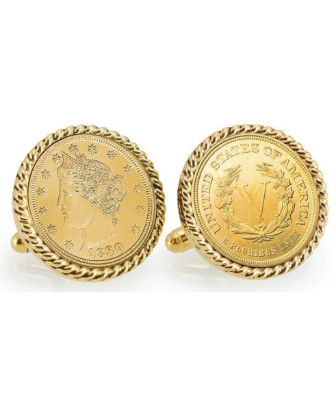 Запонки American Coin Treasures с золотым покрытием и монетой Liberty Nickel 1800-х годов в оправе из веревочного узора
