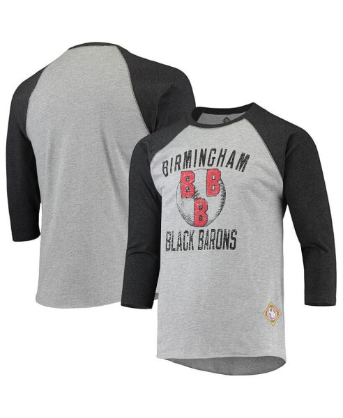 Men's Heather Gray, Black Birmingham Black Barons Negro League Wordmark Raglan 3/4 Sleeve T-shirt