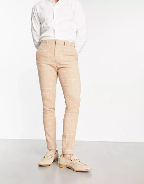 ASOS DESIGN – Elegante Hose in Camel aus Wollmischung mit superengem Schnitt und Gitterkaromuster