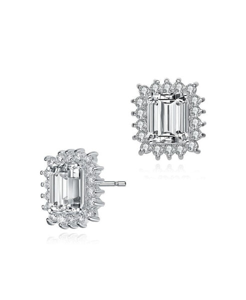 Sterling Silver with Rhodium Plated Clear Emerald and Round Cubic Zirconia Halo Stud Earrings