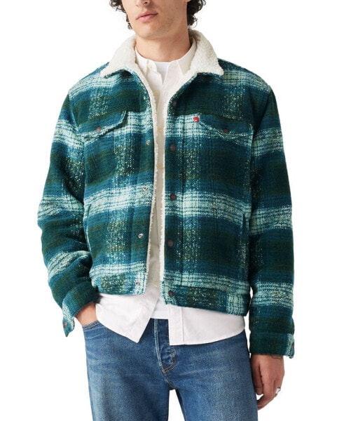 Men's Fleece Lined Snap-Front Plaid Trucker Jacket