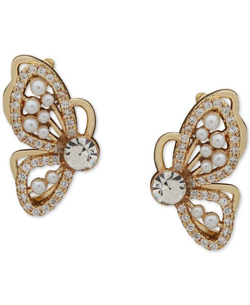 Gold-Tone Pavé & Imitation Pearl Filigree Butterfly Stud Earrings