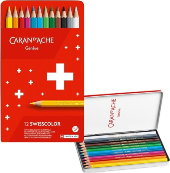 Цветные карандаши Caran d`Arche Swisscolor Aquarelle, с эффектом акварели, гексагональные, 12 шт., mix цветов.