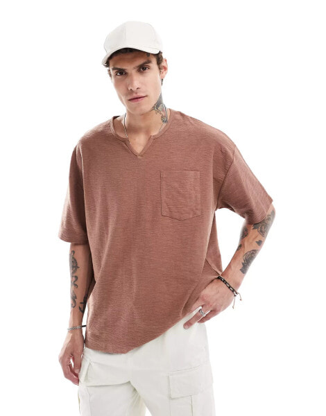 ASOS DESIGN relaxed t-shirt with v-neck and front pocket in brown