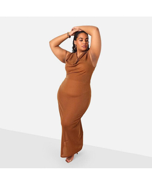 Plus Size Samira Sheer Glitter Mesh Cowl Neck Maxi Bodycon Dress