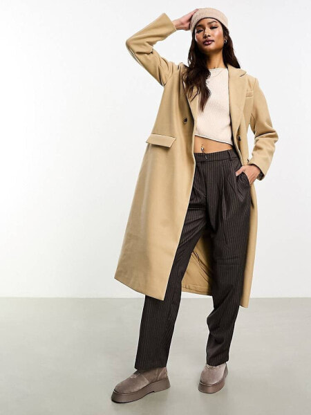 Vila Double breasted formal maxi coat in sand 