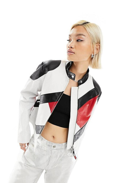 Tommy Jeans Remastered leather biker jacket in white