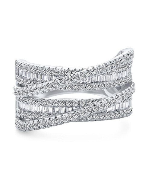 Art Deco Style Pave CZ Crossover Criss Cross Costume Faux Stacking Wide Statement Cocktail 4 Row Baguette Multi Band Ring For Women Silver Rhodium Plated