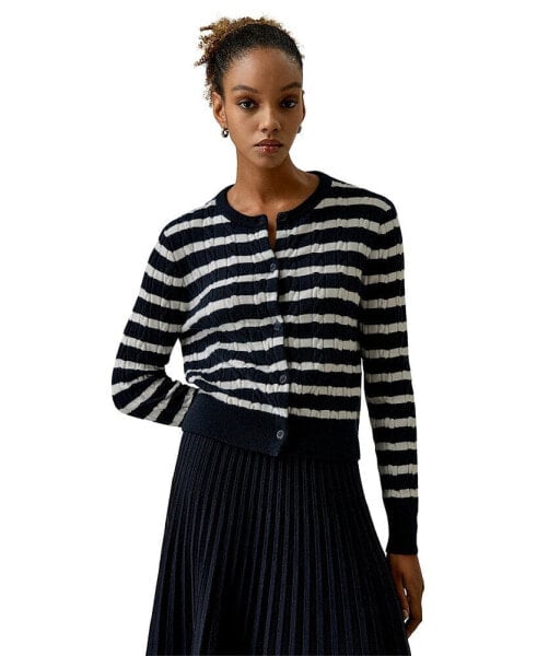 Women's Striped Cable-Knit Cashmere Cardigan