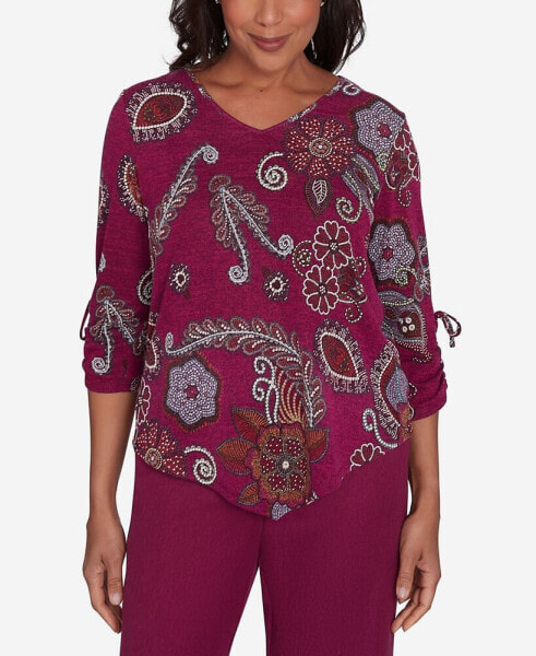 Petite Wine Country Floral V Neck Top with Three Quarter Drawstring Sleeves