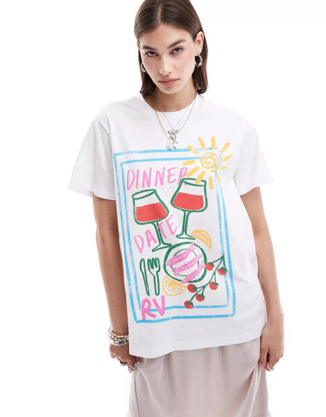 Reclaimed Vintage oversized t-shirt with dinner date print in white