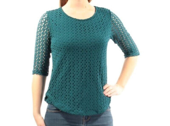 Bar III Women's Eyelet Detail Scoop Neck Elbow Sleeve Knit Top Teal S