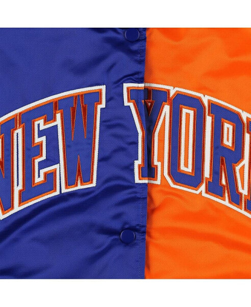 Women's Blue, Orange New York Knicks Split Colorblock Satin Full-Snap Varsity Jacket