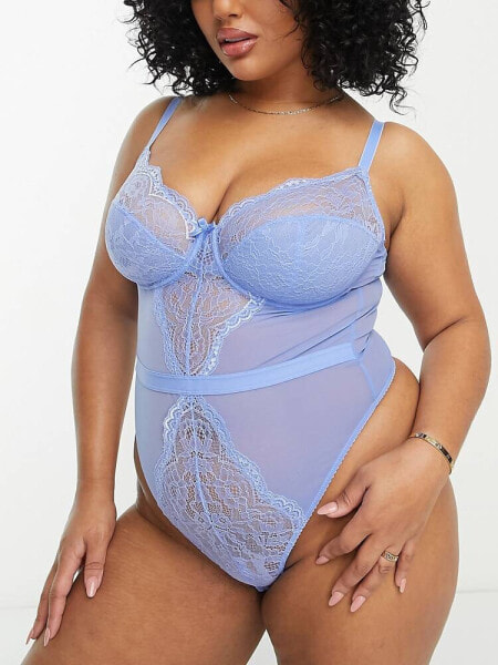 Ivory Rose Curve B-G lace mesh bodysuit in blue