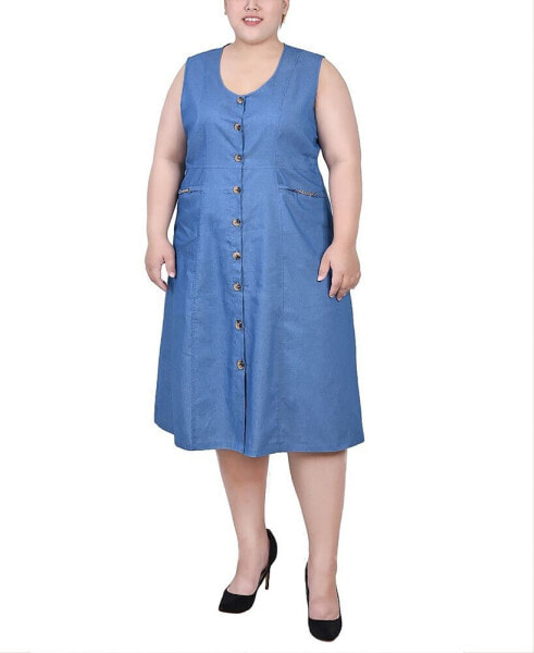 Plus Size Sleeveless Chambray Dress with Hardware