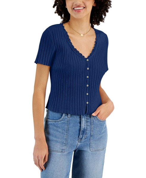 Women's Lace-Trim Short-Sleeve Rib-Knit Top, Created for Macy's