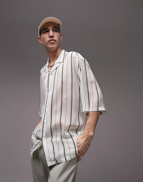 Topman short sleeve relaxed revere sheer stripe shirt in white