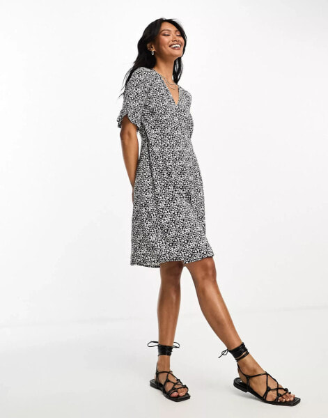 Y.A.S Elma mini wrap dress in black and white ditsy print