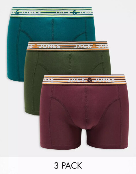 Jack & Jones 3 pack trunks with neon striped waist band in green & burgandy