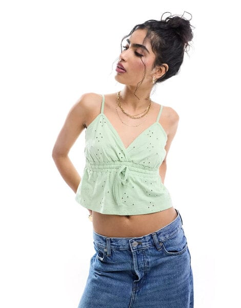 ASOS DESIGN broderie babydoll cami top in sage