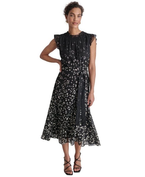 Women's Printed Ruffled Belted Midi Dress