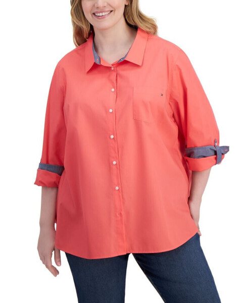 Plus Size Cotton Roll-Tab Shirt