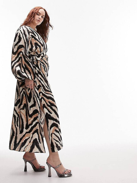 Topshop Curve long sleeve riviera midi dress in animal print