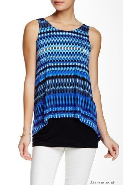 Karen kane Women's Glacier Ikat Layered Tank top Split Back Blue Black XL