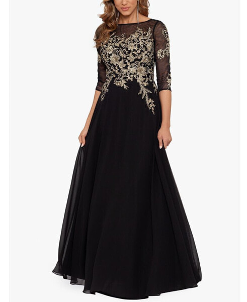 Embroidered 3/4-Sleeve Gown