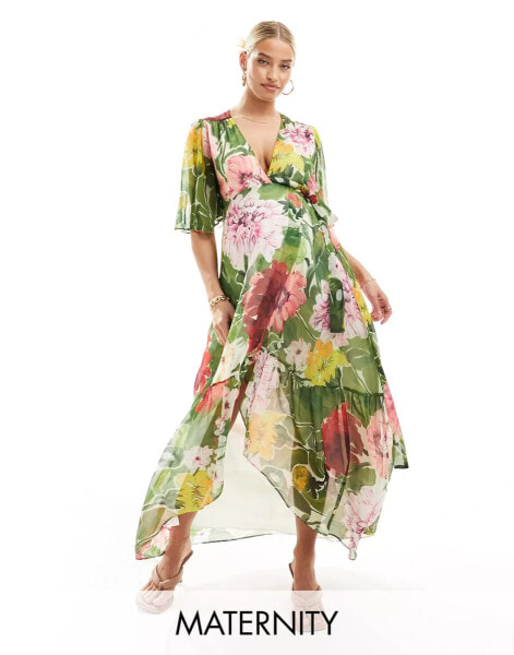 Hope & Ivy Maternity wrap maxi dress in green floral print