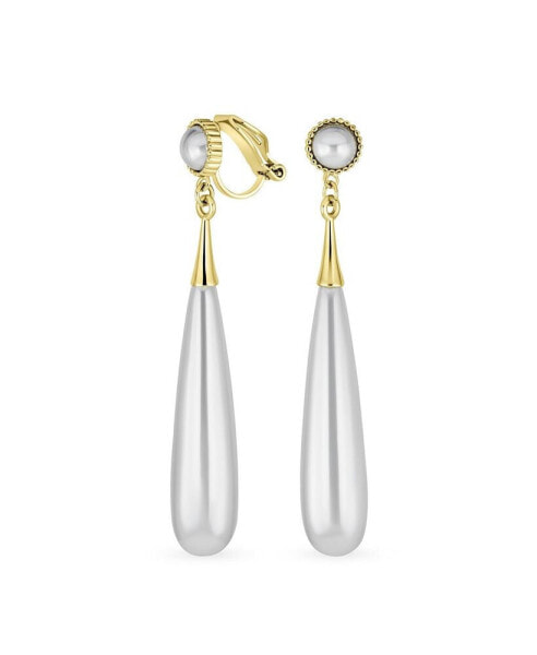 Серьги-клипсы Bling Jewelry модерн "Линейные Геометрические" с длинными "Жемчужными" каплями в белом цвете