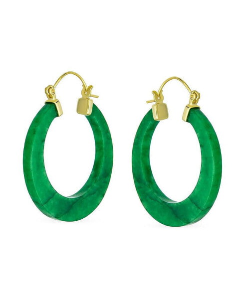 Green Jade Green Round Bamboo Natural Jade Hoop Earrings For Women Gold Plated Sterling Silver 1.2 Inch Diameter