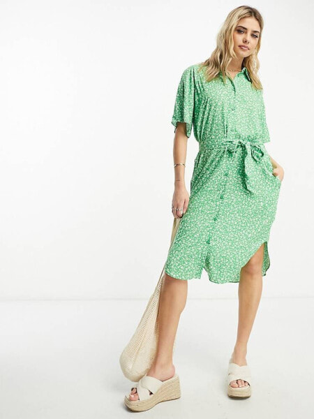 Monki tie waist midi shirt dress in green meadow