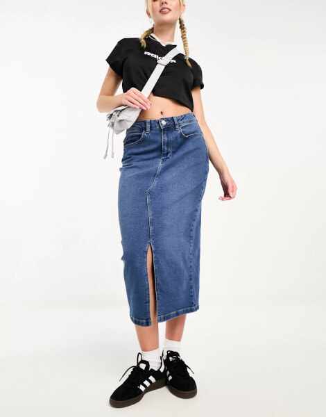 Noisy May denim midi skirt in mid blue