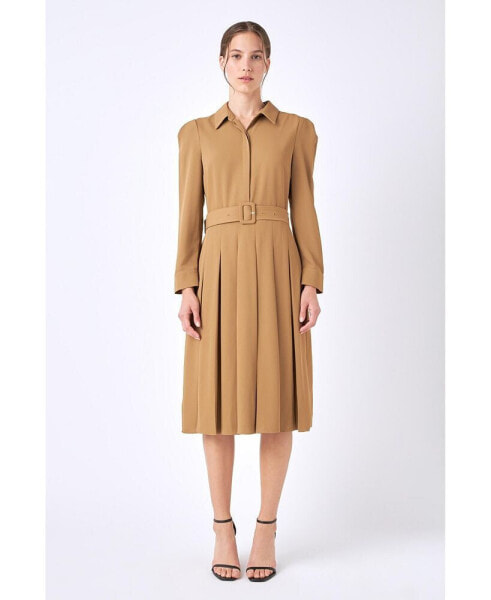 Women's Pleated Collared Long Sleeve Midi Dress