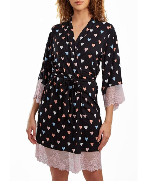 Пижама iCollection женская Tobey Modal сердца с оборкой из контрастного кружева и поясом-завязкой