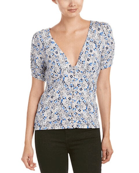 Free People Women's Floral V Neck Button Down Blouse Ivory Blue L