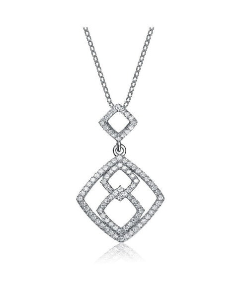 Sterling Silver White Gold Plated and Cubic Zirconia Hollow Double Square Pendant